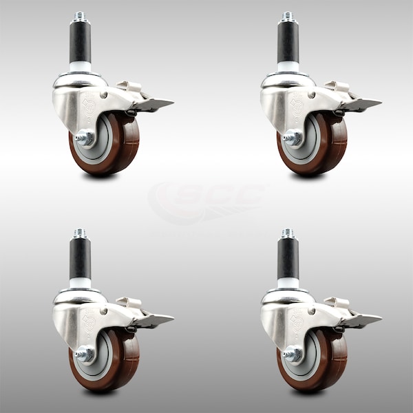 Service Caster 3 Inch 316SS Maroon Poly Swivel 1-1/8 Inch Expanding Stem Caster Set Lock Brake SCC-SS316TTLEX20S314-PPUB-MRN-118-4 - main